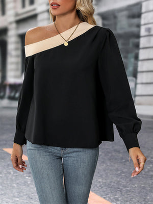 Womens New Color Block Off Shoulder Blouse SIZE S-XL