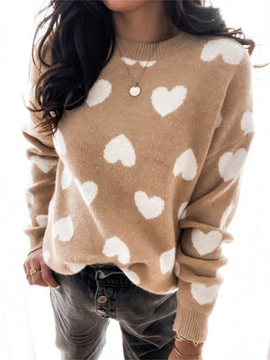 Womens New Heart Print Long Sleeve Sweater SIZE S-XL