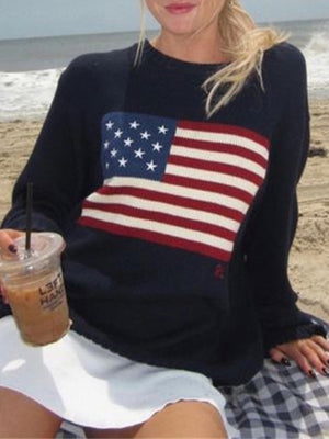 Womens Loose American Flag Knit Long Sleeve Sweater M-XL