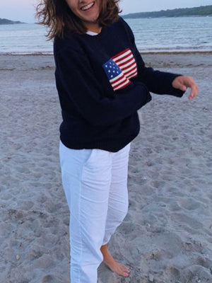 Womens Loose American Flag Knit Long Sleeve Sweater M-XL