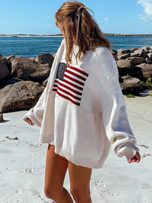 Womens Loose American Flag Knit Long Sleeve Sweater M-XL