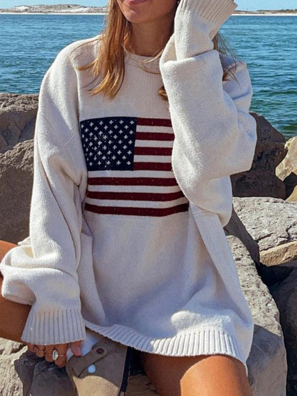 Womens Loose American Flag Knit Long Sleeve Sweater M-XL