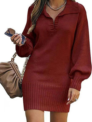 Womens Mid Length Lantern Sleeve Pullover Loose Sweater Dress SIZE S-2XL