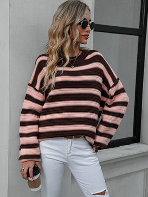 Womens Striped Long Sleeve Loose Fit Sweater SIZE S-XL