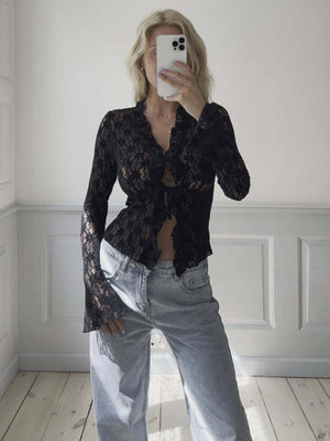 Womens Lace See Through Long Sleeve Top SIZE S-XL
