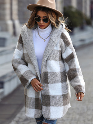 Womens Plush Hooded Long Sleeve Loose Jacket SIZE S-XL