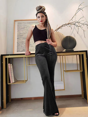 Womens Velvet Flare Elastic High Waist Pants SIZE S-3XL