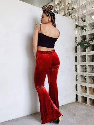 Womens Velvet Flare Elastic High Waist Pants SIZE S-3XL