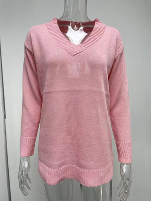 Womens V Neck Long Sleeved Pullover Sweater SIZE S-3XL