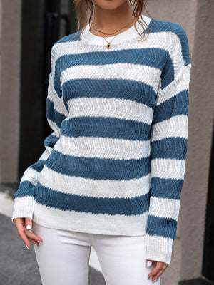 Womens Round Neck Long Sleeve Striped Sweater SIZE S-L