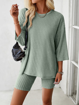 Womens Casual Round Neck Mid Sleeve Two Piece Set SIZE S-XL
