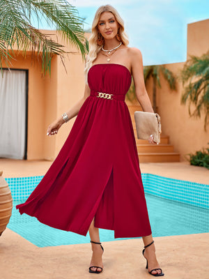 Womens Solid Color Band Waist Long Dress SIZE S-XL