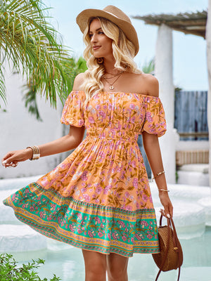 Womens Beach Off Shoulder Printed Dress S-XL