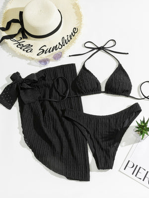 Womens Lace Up Textured Three Piece Bikini Set SIZE S-XL