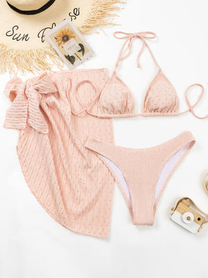 Womens Lace Up Textured Three Piece Bikini Set SIZE S-XL