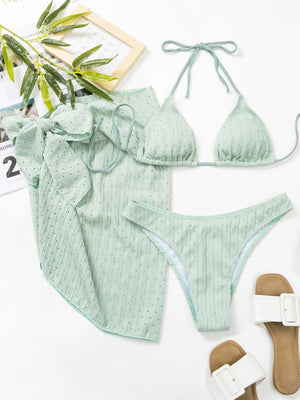 Womens Lace Up Textured Three Piece Bikini Set SIZE S-XL