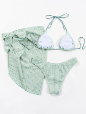 Womens Lace Up Textured Three Piece Bikini Set SIZE S-XL