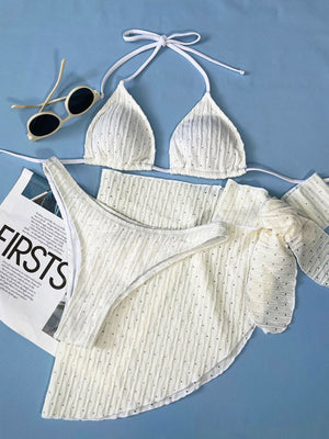 Womens Lace Up Textured Three Piece Bikini Set SIZE S-XL