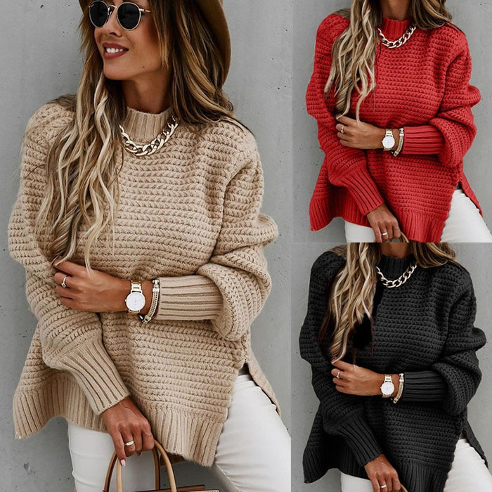 Womens Sexy Knitted Batwing Sleeves Side Slits Loose Fit Sweater SIZE S-XL