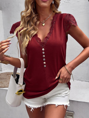 Womens V Neck Ruffle Cap Sleeve Blouse SIZE S-XL